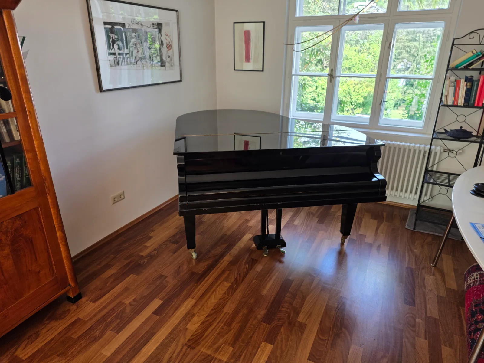 Black grand piano in a living room